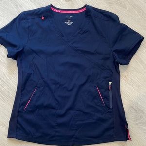 NWOT KOI navy blue pinstripe with neon hot pink accents.